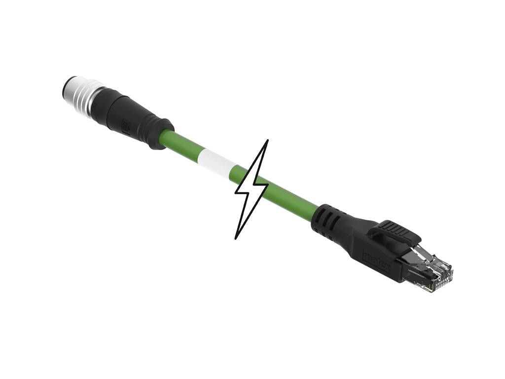 A green cable with a lightning symbol connects an XLR plug on the left with an RJ45 plug on the right.