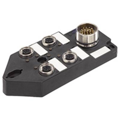 Black electric connection module with a round metal plug and four smaller round connectors.