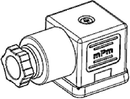 Drawing of a valve with a rotary knob and a rectangular housing. Text 'mPm' on the side. Suitable for technical applications.