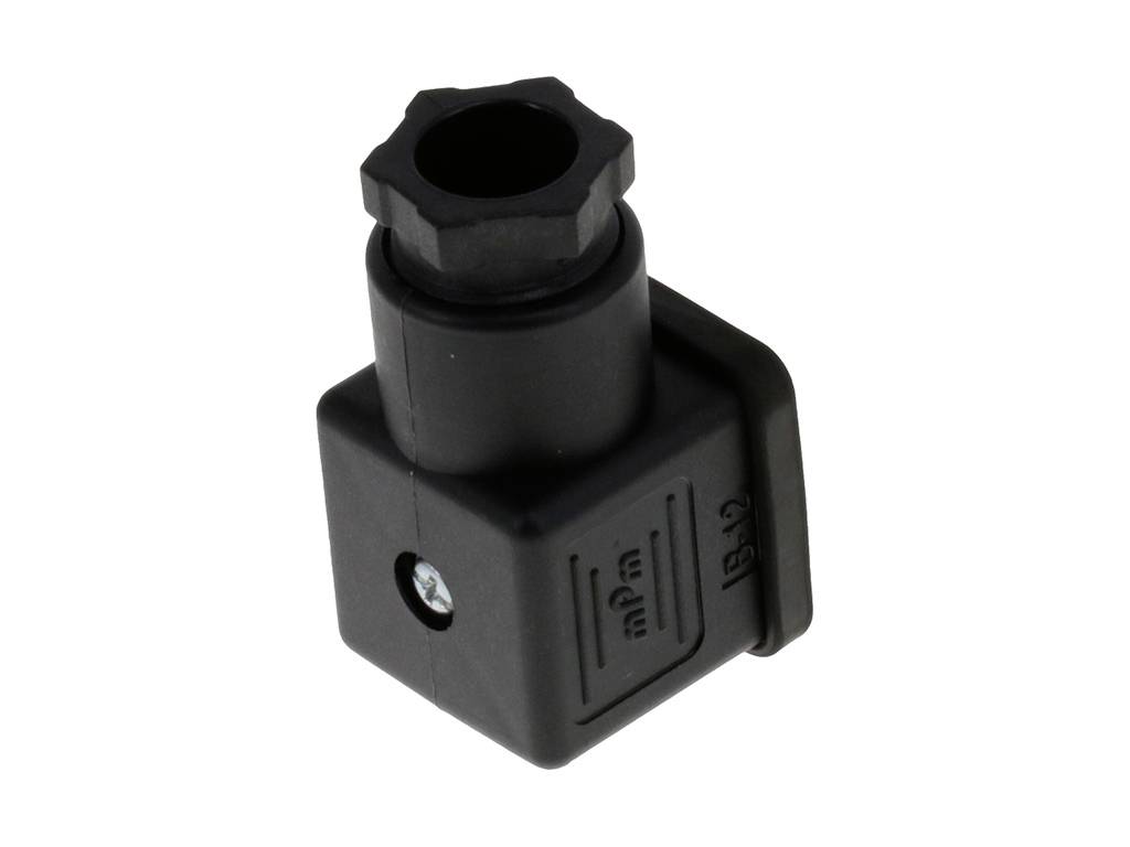 A black, rectangular connector plug with a hexagonal attachment and a side hole, suitable for electrical engineering applications.