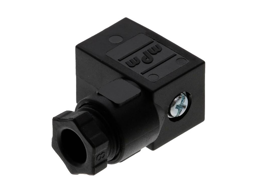 A rectangular black plastic component with a screw and cable connection. Potential use in electronic devices.