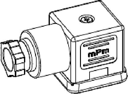 Drawing of a mechanical component with the brand name 'mPm' on the side, showing details of the bolting and housing parts.