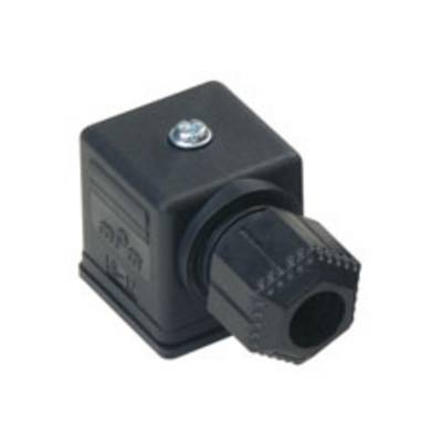 A black, square plug with a hexagonal nut and screw. It is used for electrical connection or securing purposes.