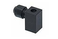 Black rectangular electrical socket housing with cable gland on the left. It is used for connecting cables.