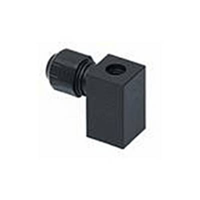 Black rectangular electrical socket housing with cable gland on the left. It is used for connecting cables.