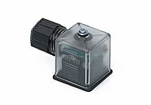 Black, square connector with transparent plastic housing and cable connection, suitable for industrial applications.