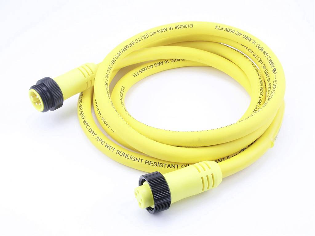 Yellow cable with black connectors at both ends. It has printed technical specifications on the surface.