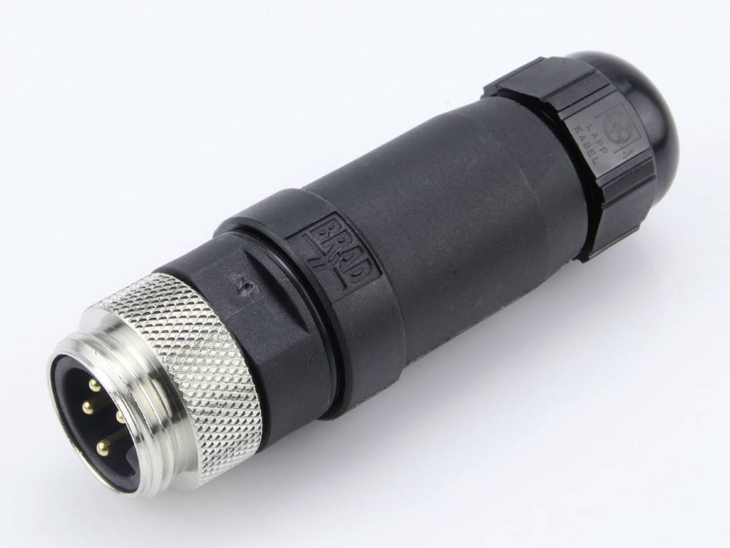 Black, cylindrical plug with metal threading and three visible pins, for electrical connections.