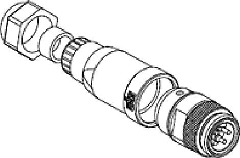 Technical drawing of an industrial connector with multiple components, such as threads and pins, in an exploded view.