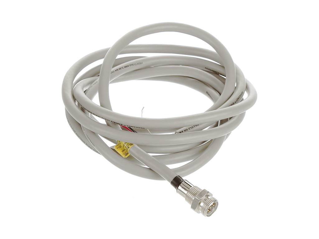 A coiled grey cable with a metal plug at one end.