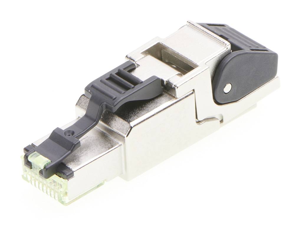 A shielded RJ45 plug with a metal housing and plastic clip. Suitable for network cable installations.