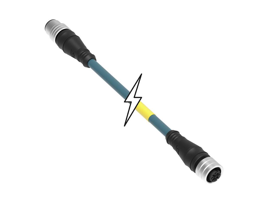 Cable with a black and blue jacket, ends fitted with metal connectors. A lightning symbol in the centre indicates an electrical connection.