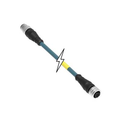 Cable with a black and blue jacket, ends fitted with metal connectors. A lightning symbol in the centre indicates an electrical connection.