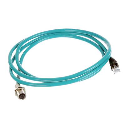 A turquoise cable with an eight-pin plug on one end and an RJ45 connector on the other, against a white background.