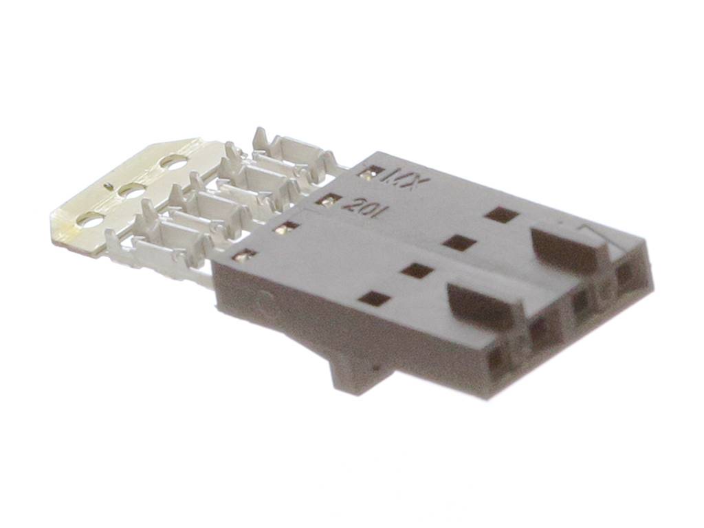 A two-row connector with metal contacts and a plastic housing for electronic applications.