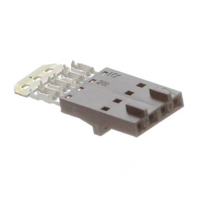 A two-row connector with metal contacts and a plastic housing for electronic applications.