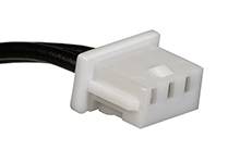 A white, three-pin electrical plug with a black cable, used for connections in electronic devices.