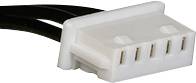 A white, rectangular plug with five pins and two attached black cables; a connecting element for electronic devices.