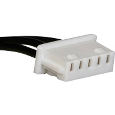 A white, rectangular plug with five pins and two attached black cables; a connecting element for electronic devices.