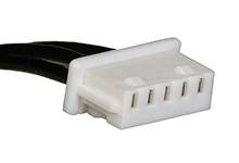 A white, five-pin plastic plug on a cable, commonly used for electrical connections in devices.