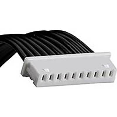 Close-up of a white multi-pin electrical connector attached to bundled black cables.<br>