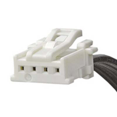 A white electrical connector with four terminals, connected to a black cable.