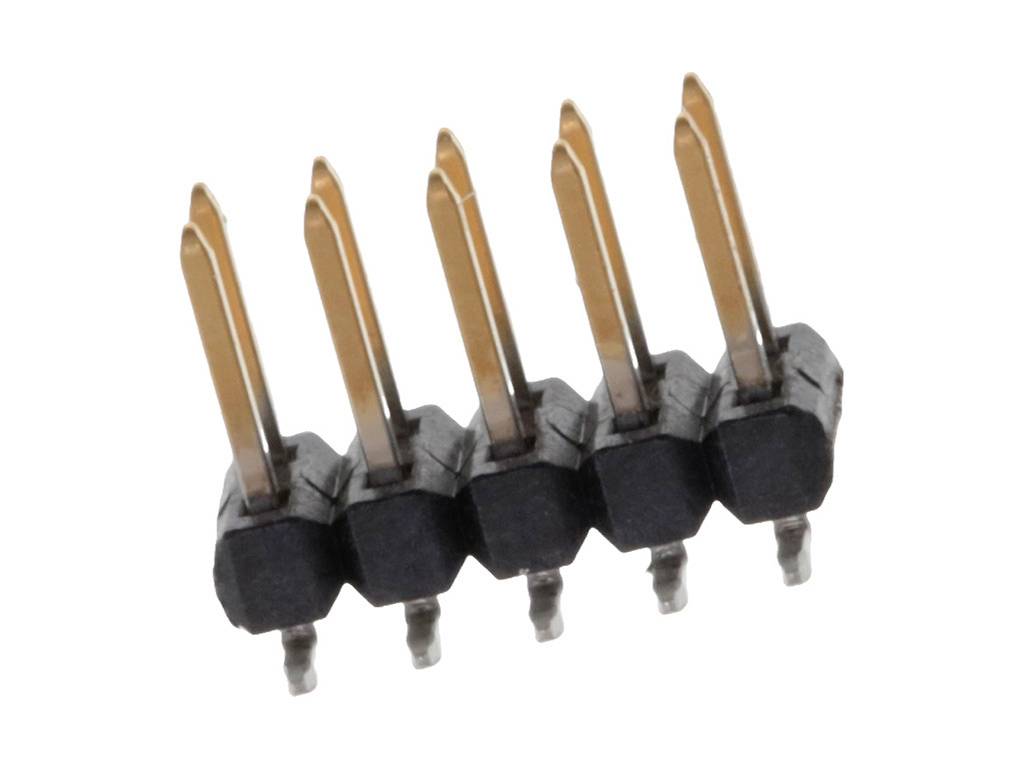 Header with five gold-coloured pins in a black plastic base, used for electronic connections.