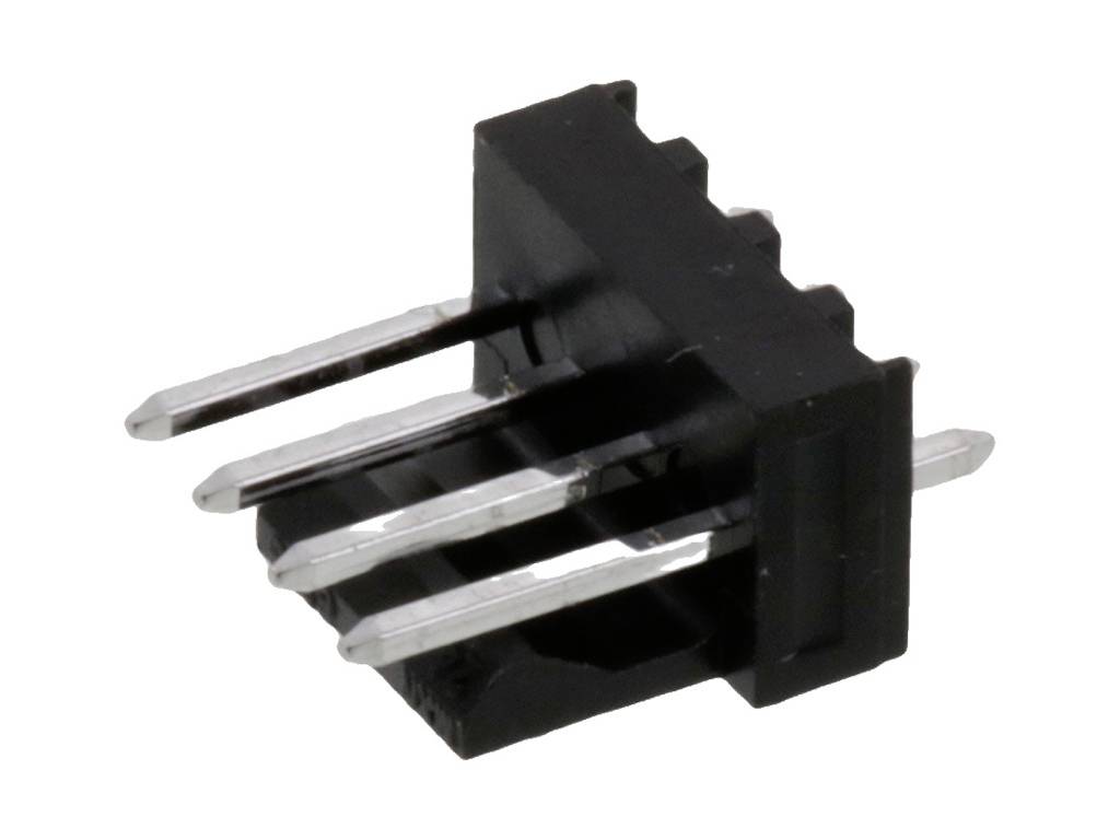 'Electronic Component: Four-pole black connector with metallic pins, used in electronic circuits.'