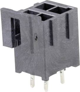 Black electrical connector with three vertical openings and three metal pins protruding from the bottom.