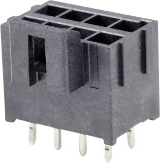 A black, rectangular connector with six holes and six metal pins along the bottom edge, used for electronic connections.