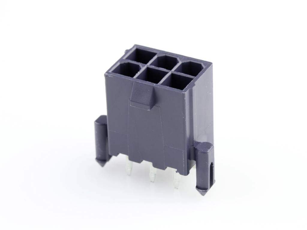 A black plastic plug with six rectangular openings and metallic contacts on its underside.