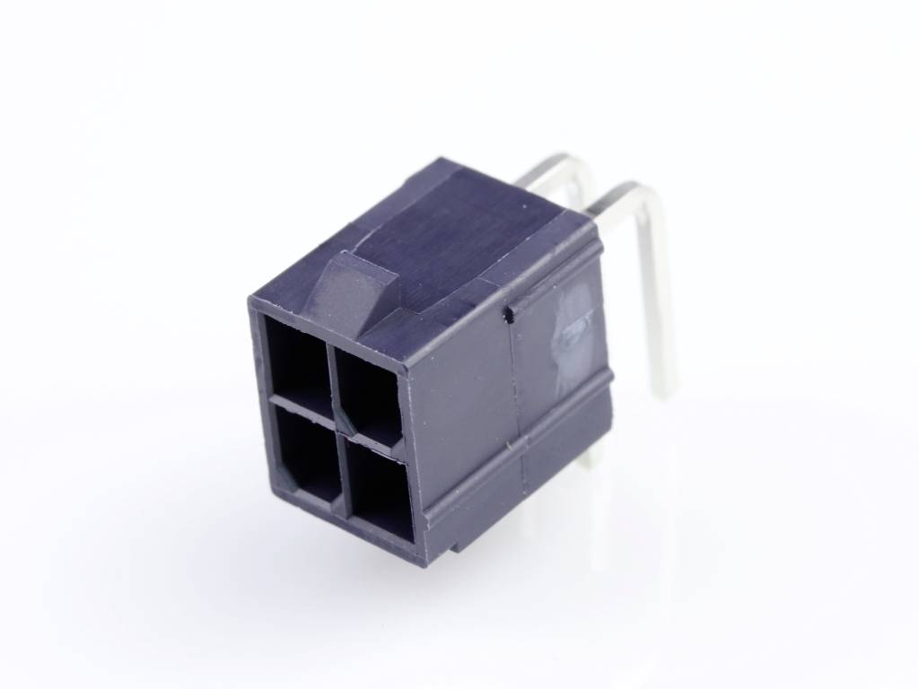 A square, black connector with four socket openings and two metal pins. Suitable for electronic connections.