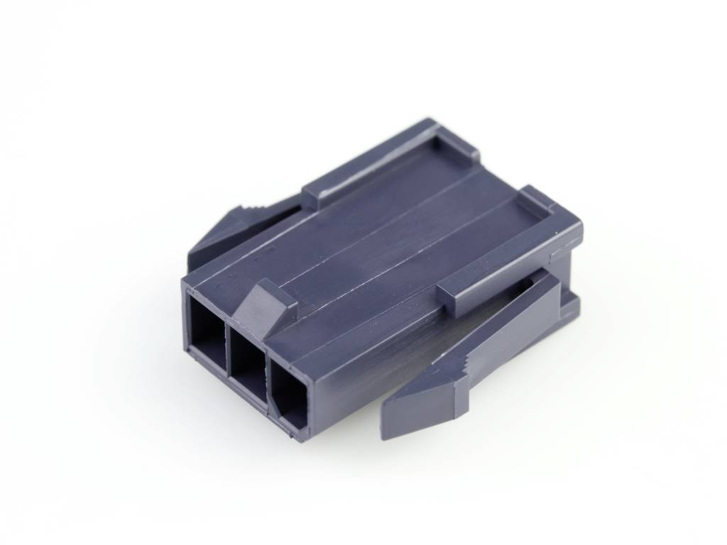A grey plastic plug with three rectangular openings and side clips; suitable for electronic connections.