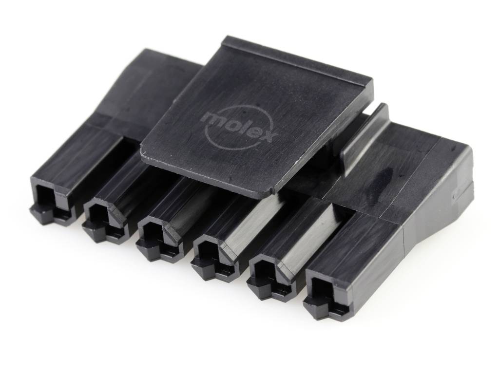 Black Molex connector with six-pin terminals. Primarily used in computer hardware to connect components.