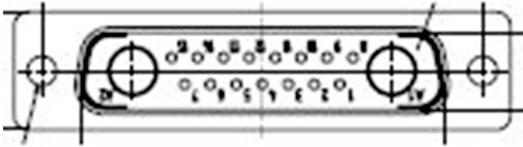 Technical drawing of a rectangular connector with two rows of pins in an oval frame, with dimension lines.