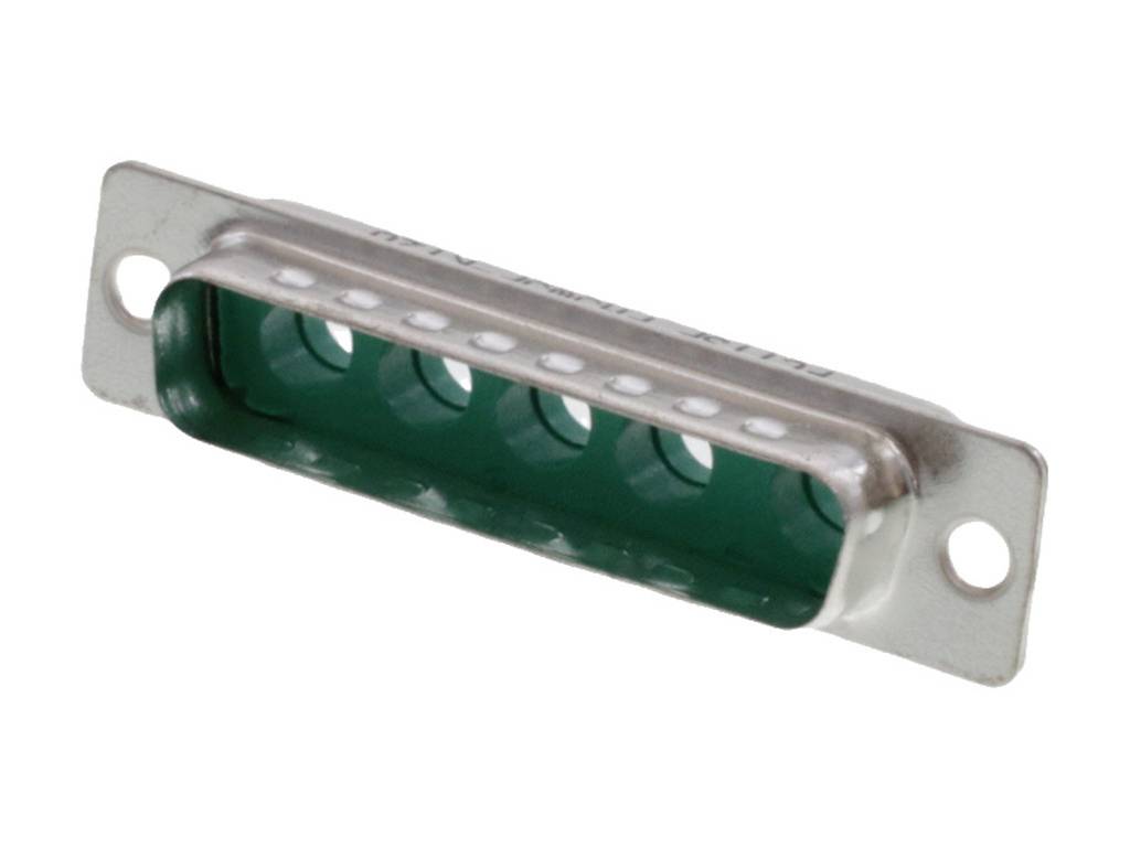 A green, rectangular D-sub connector, male version, with two mounting holes on a metal plate.