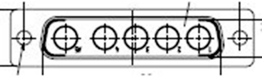 Technical drawing of a rectangular connector with five round pins, dimensions and lines for technical details.