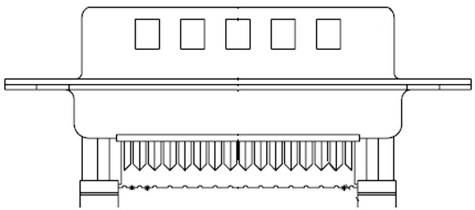 Technical drawing of a machine with a rectangular main body and several vertical vanes beneath it.