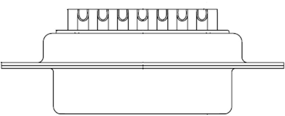 Technical drawing of an electrical connector with multiple pins in a row, side view.