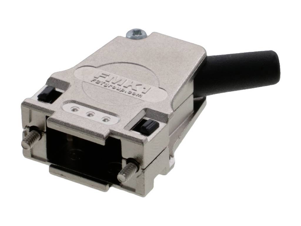 A rectangular metal plug with a black cable connection and side screws for mounting, marked with 'F' and 'NKD'.
