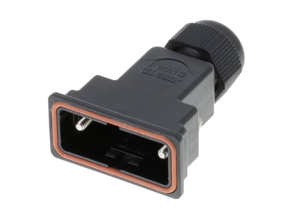 A black electrical connector with a rectangular shape and an orange seal, likely used in machinery.