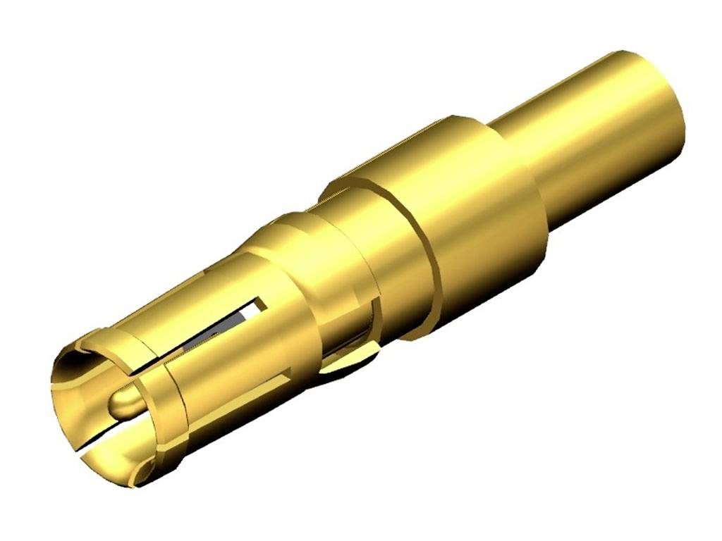 A gold-coloured pin plug in a cylindrical form, with multiple grooves that enable rigid contact.