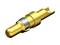 A gold-coloured electrical contact or plug, cylindrical in shape with a grooved section and a smooth tip.