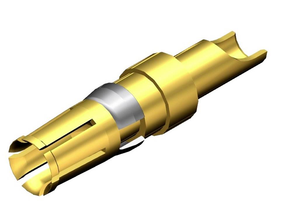 Yellow metal contact plug with silver centre sleeve, tapering conically. Used in electrical connections for secure power transmission.