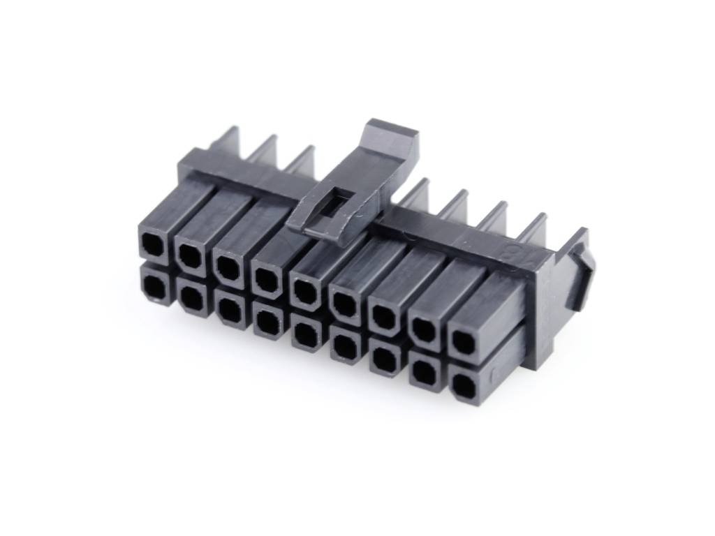 A black 24-pin ATX connector, typically used for powering motherboards in computers.