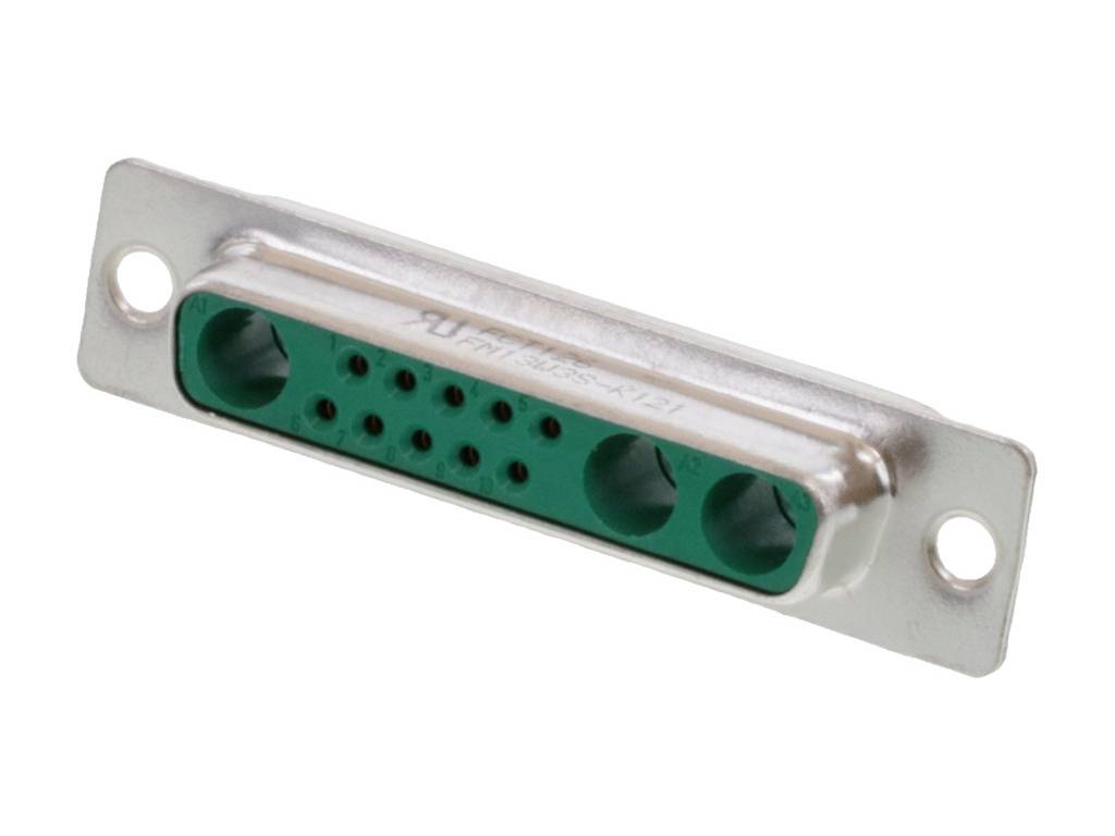 Metal D-sub plug with green plastic casing and multiple pins, suitable for electronic connections.