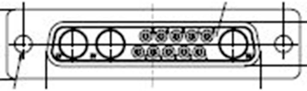 Technical drawing of a rectangular connector with two large round connection points on the left and several smaller ones in the centre.