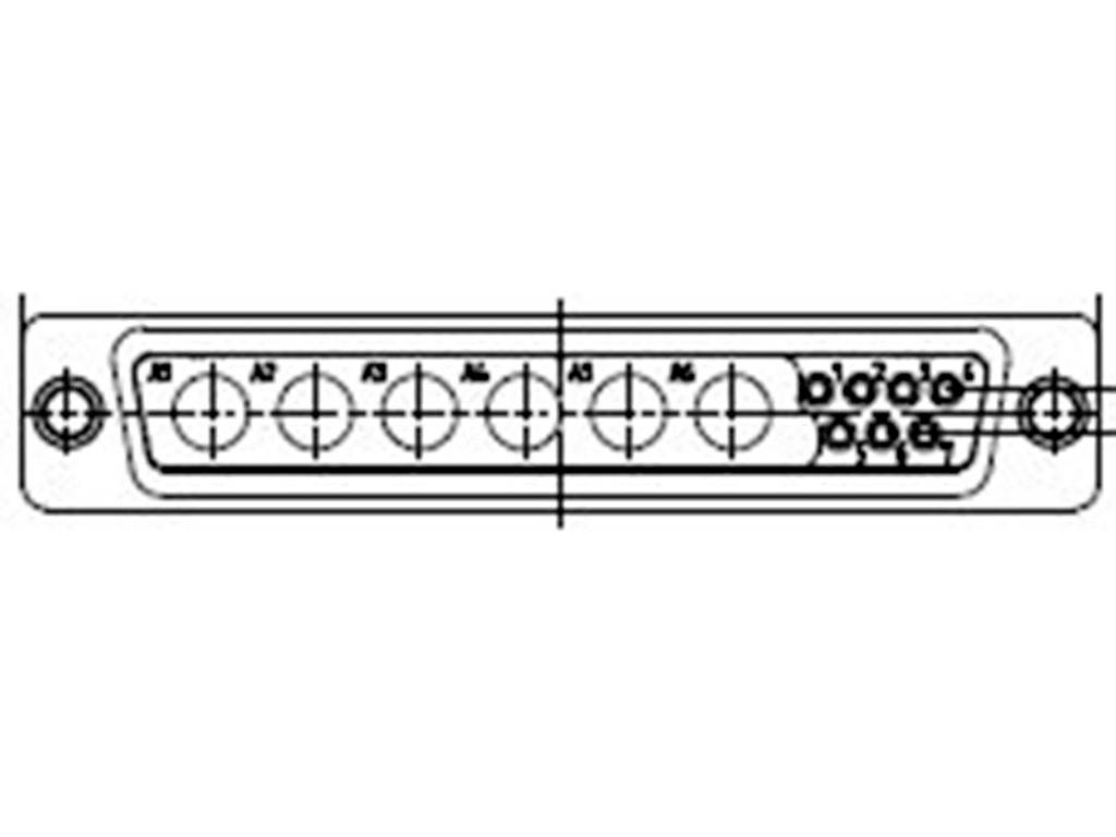 Technical drawing of an electrical connector, showing a rectangular socket with multiple round pin contacts and screw holes.