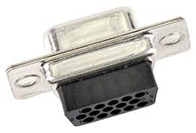 A female D-sub connector with 15 pins for electronic connections, against a white background.