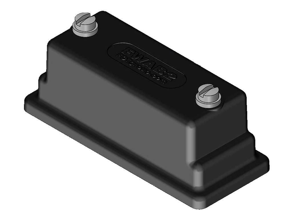 Black rectangular enclosure block with two screws, typically used for electronic applications. Upper embossing present.